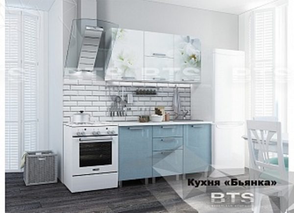 Кухня "Бьянка" голубые блестки/фотопечать 1,5м (б)